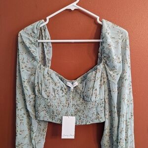 Love Tree Pastel Blue Floral Smocked Long-Sleeve Crop Top